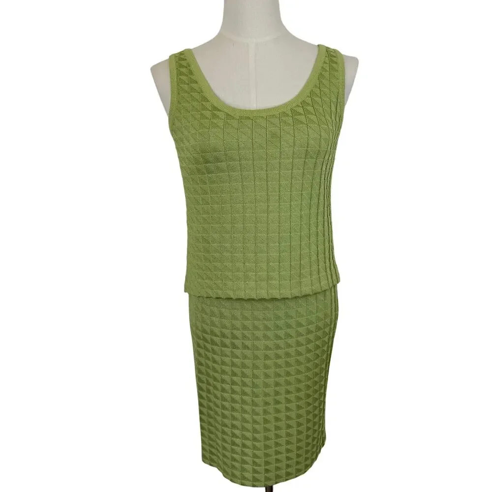St. John Matching SET Santana Knit Sleeveless Top and Skirt Lime Green S/2